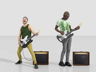 Two men playing electric guitars together with amplifiers in gray space 3d model