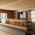 Modern Dessert Shop Interior With Glass Display Cases And Wooden Ceiling Lighting