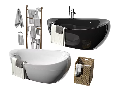 Black and White Freestanding Bathtubs with Towel Rack Towels and Laundry Basket 3d model