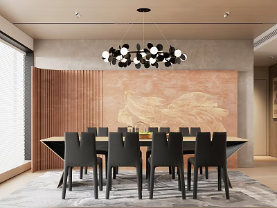 Modern Restaurant Interior With Long Dining Table Black Chairs Pendant Light And Artistic Wall Decor 3d model
