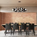 Modern Restaurant Interior With Long Dining Table Black Chairs Pendant Light And Artistic Wall Decor