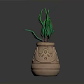 Ornate Clay Pot With Green Long Leaves And Intricate Carved Patterns