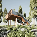 Modern Building In Forest With Wooden Structure Glass Railing Staircase Surrounded By Trees And Rocks