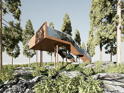 Modern Building In Forest With Wooden Structure Glass Railing Staircase Surrounded By Trees And Rocks 3d model