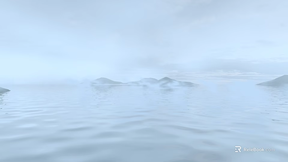 Scenic View of Calm Water with Gentle Ripples Distant Misty Islands in Hazy Light Blue 3d model 