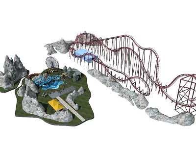 Kids Play Area With Roller Coaster Rock Formations Water Pool And Tent 3d model