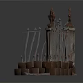 Ornate Iron Fence Structure With Stone Pillars Arched Design And Decorative Finials