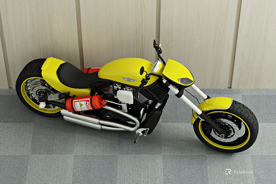 Yellow Motorcycle With Black Seat Red Fuel Tank And Yellow Wheels Indoor 3d model 