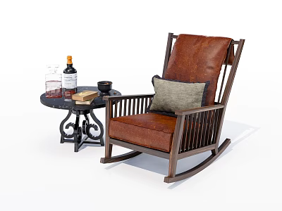 Brown Leather Rocking Chair With Wooden Frame Side Table Drinks And Books 3d model