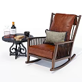 Brown Leather Rocking Chair With Wooden Frame Side Table Drinks And Books