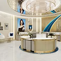 Luxury Jewelry Store Interior With Circular Display Counters Golden Accents And Blue Wave Walls
