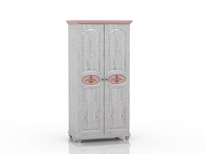 Light Gray Wooden Wardrobe With Two Doors And Circular Decorative Handles And Pinkish Top Border 3d model
