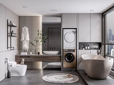 Modern Bathroom Interior Design With Freestanding Bathtub Washing Machine Vanity Mirror And Plants 3d model