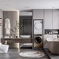 Modern Bathroom Interior Design With Freestanding Bathtub Washing Machine Vanity Mirror And Plants