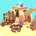 Cartoon Market Scene With Colorful Pottery Stall Arched Gateway And Small Fountain On Sandy Ground