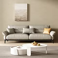 Modern Living Room Interior With Light Gray Leather Sofa Beige Walls Wall Art And Cushions