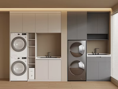 Modern Laundry Room Design With Stacked Washing Machines Cabinets Sink And Storage 3d model