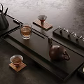 Elegant Tea Set With Black Brown Teapots Glass Cups And Copper Saucers On Dark Tray