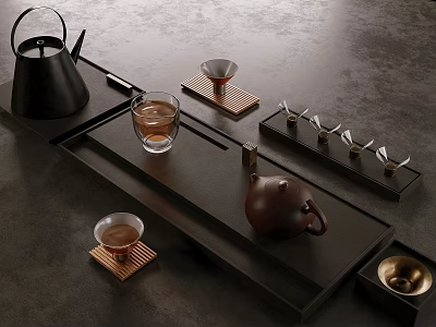 Elegant Tea Set With Black Brown Teapots Glass Cups And Copper Saucers On Dark Tray 3d model