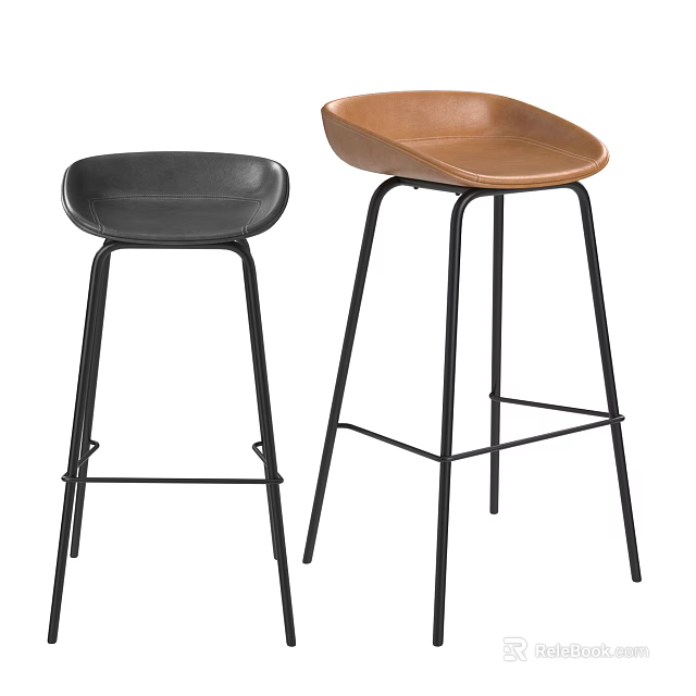 Modern Bar Stools With Black And Brown Leather Seats And Black Metal Legs 3d model 