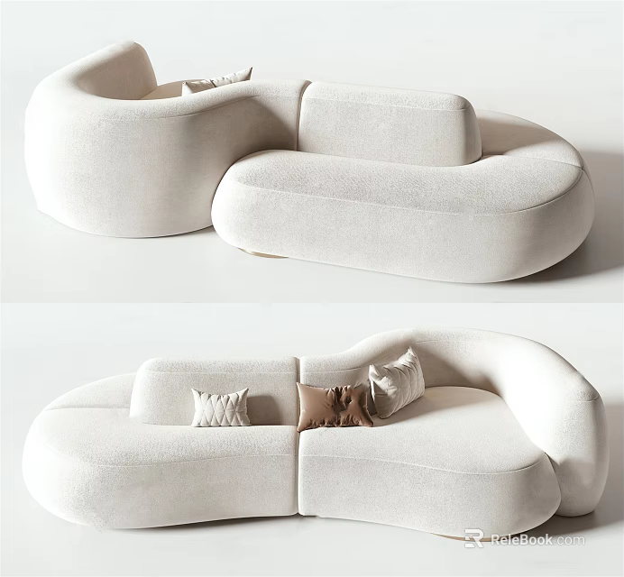 White Irregular Shaped Fabric Sofa With Curved Design And Decorative Pillows 3d model 