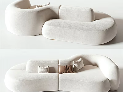 White Irregular Shaped Fabric Sofa With Curved Design And Decorative Pillows 3d model