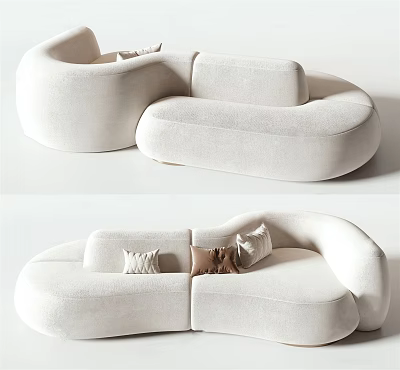White Irregular Shaped Fabric Sofa With Curved Design And Decorative Pillows 3d model