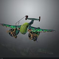 Green And Blue Spacecraft With Wing Structure And Multiple Engines For Cosmic Exploration