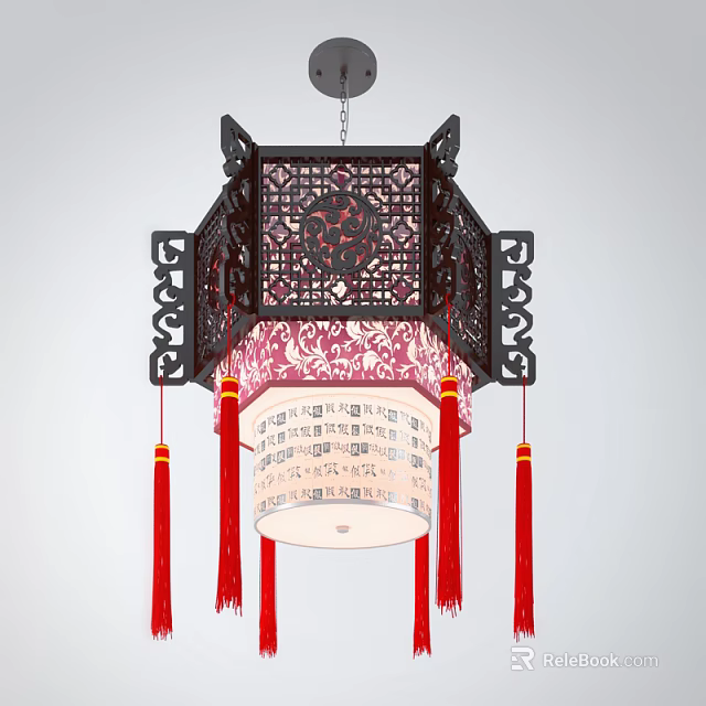 Traditional Chinese Style Chandelier with Intricate Carved Frame Red Tassels and Decorative Patterns 3d model 