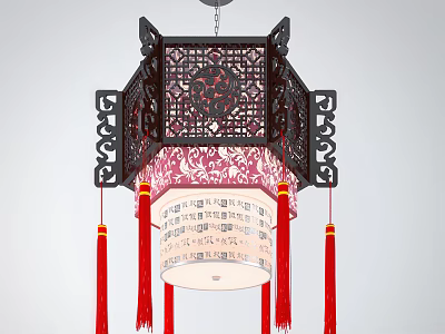 Traditional Chinese Style Chandelier with Intricate Carved Frame Red Tassels and Decorative Patterns 3d model