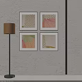 Four Abstract Paintings In Black Frames On White Wall With Colorful Patterns 3d model