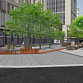 Urban Commercial Landscape With Modern Buildings Green Trees Orange Structures And Pedestrians