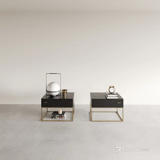 Modern Bedside Tables With Black Tops Gold Frames Globe Clock And Stacked Books 3d model
