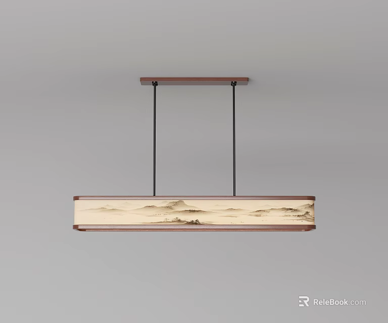 Modern Long Rectangular Chandelier With Wooden Frame And Landscape Pattern Design 3d model