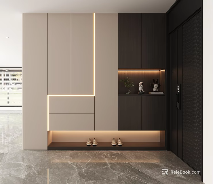 Modern Entryway With Light And Dark Storage Cabinets Lighting And Decor 3d model