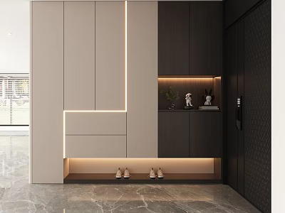 Modern Entryway With Light And Dark Storage Cabinets Lighting And Decor 3d model