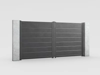 Modern Gray Double Gate Exterior Design With Horizontal Slats And Stone Side Pillars 3d model
