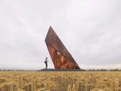 Modern Geometric Landscape Pavilion In Rusty Metal Standing Amid Golden Wheat Field 3d model