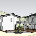 Modern White Homestay Building With Courtyard Wooden Terrace Tables Chairs And Mountain Landscape