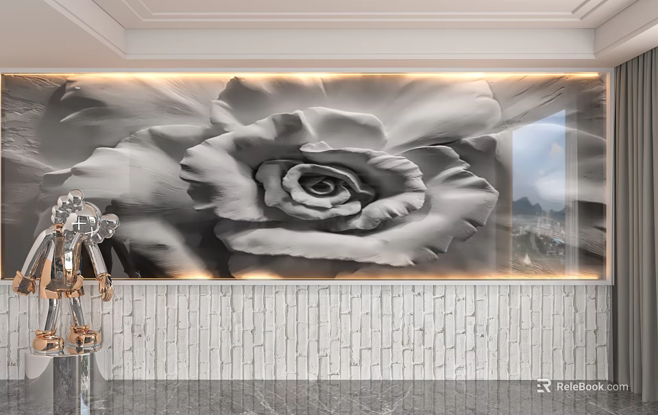 Black and White Rose Illuminated Background Wall With White Brick Base 3d model 