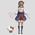 Cute Anime Girl in Bow Dress with Hello Kitty Like Creature and Yellow Wings