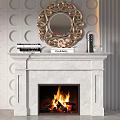 Elegant Marble Fireplace With Burning Fire Decorative Mirrors And Circular Wall Tiles