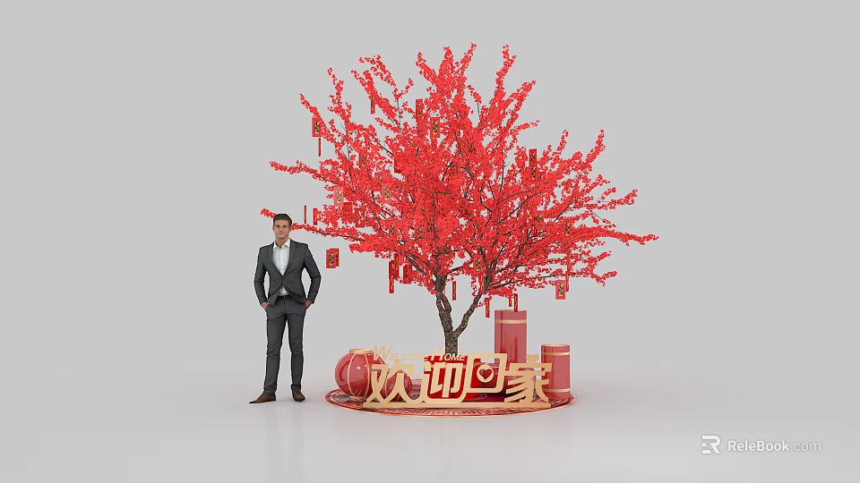 Man in Suit Standing by Red Tree with Welcome Home Sign and Decorations 3d model 