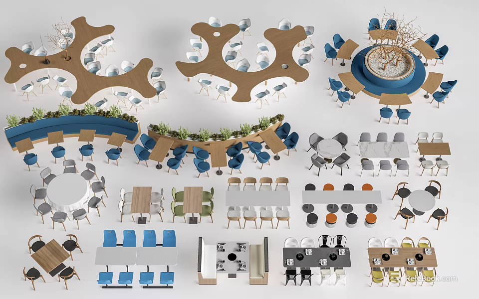 Restaurant Interior Design Featuring Various Dining Tables Chairs And Seating Layouts 3d model