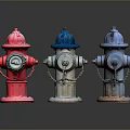 Colorful Fire Hydrants Display With Red White Blue Bodies And Metal Chains