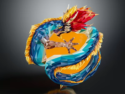 Polygonal Dragon Artwork With Coiled Blue Body Yellow Red Mane And Orange Circular Background 3d model
