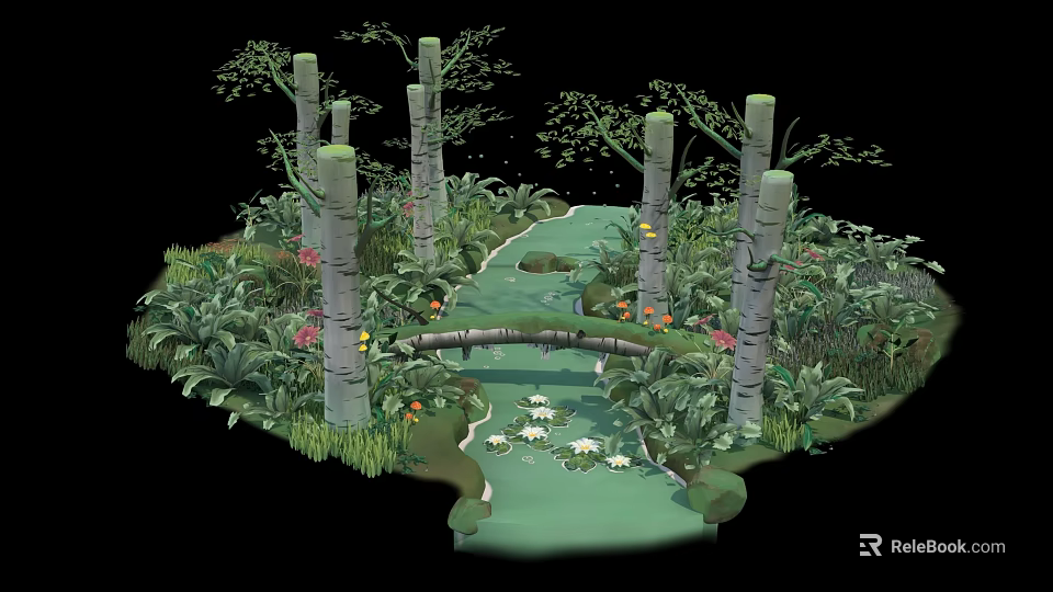 Cartoon Woodland Scene Featuring Path Small Bridge Pond Green Plants And Flowers 3d model 