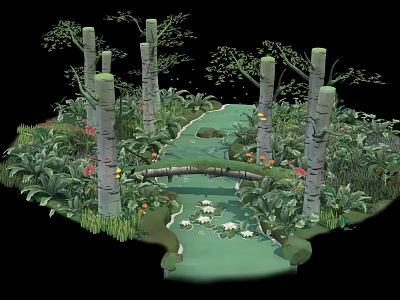 Cartoon Woodland Scene Featuring Path Small Bridge Pond Green Plants And Flowers 3d model