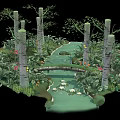 Cartoon Woodland Scene Featuring Path Small Bridge Pond Green Plants And Flowers