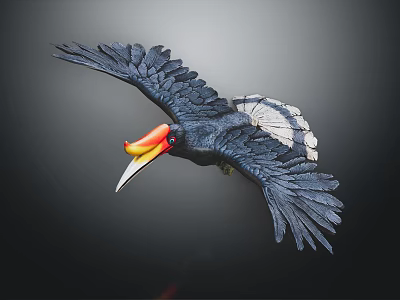 Vibrant Hornbill In Flight With Large Spread Wings Orange Yellow Beak And Dark Background 3d model